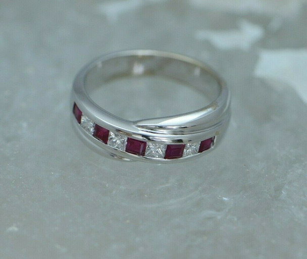 Ruby and Diamond Ring Band 14K WG Princess Cut Stones Size 5.5