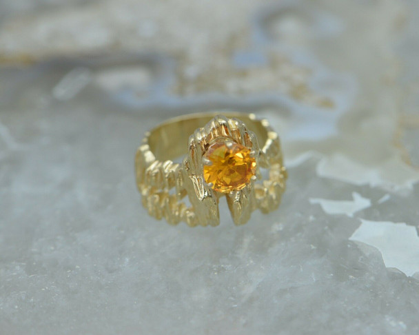 Brutalist Design Citrine Ring Orange Yellow Color 14K YG Size 5