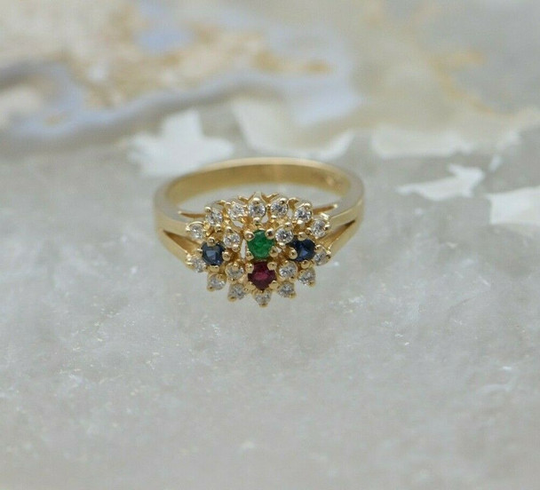 Vintage 14K YG Multi color Stone and Diamond Ring Size 6 Circa 1960