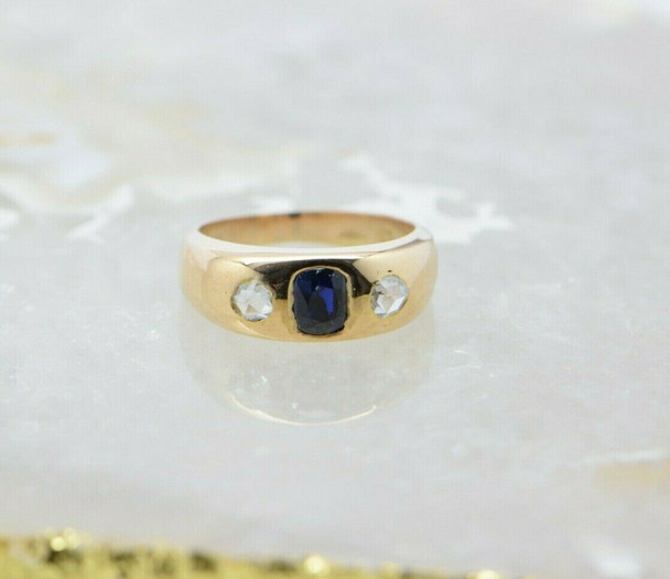 Victorian Period Yellow Gold Men's Sapphire and Rose Cut Diamond Ring Size 7.5