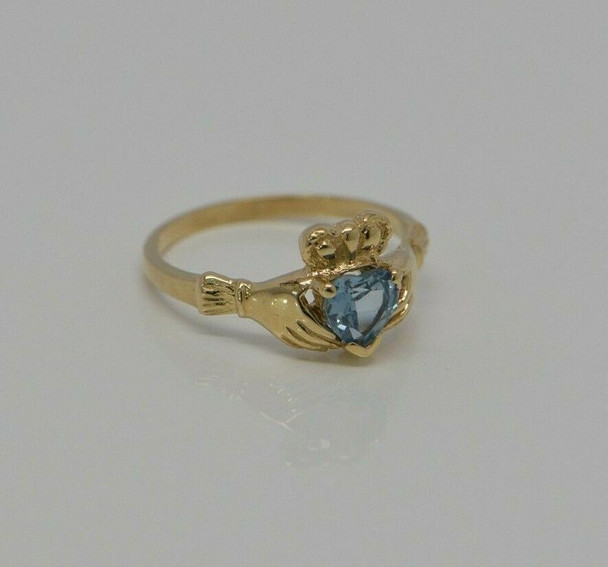 Blue Topaz Claddagh Ring 14K YG Heart Shaped 1980 Size 7.5