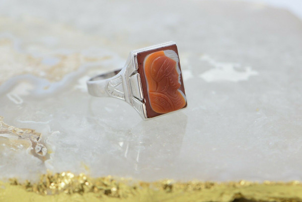 Vintage 14K White Gold Double Roman Soldier Sardonyx Cameo Ring Size 14 Circa 19