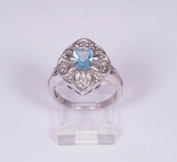 14K White Gold Filigree Aquamarine Ring, size 7