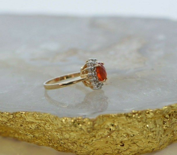 14K YG Spessartite Garnet Checkerboard Cut Diamond Halo Ring Size 6 Circa 1980