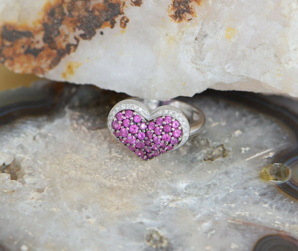 14K White Gold Pink Tourmaline and Diamond Heart Shaped, Size 7.25