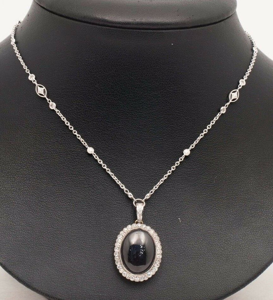 18K White Gold Necklace with Bezel Set Diamonds & Estate Oval Cabochon Garnet