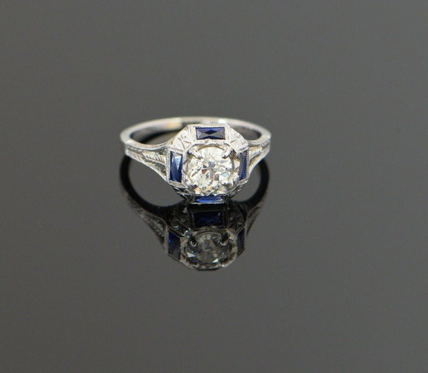 18K Vintage Superb White Gold Diamond & Sapphire Ring Circa 1920, Size 6.5