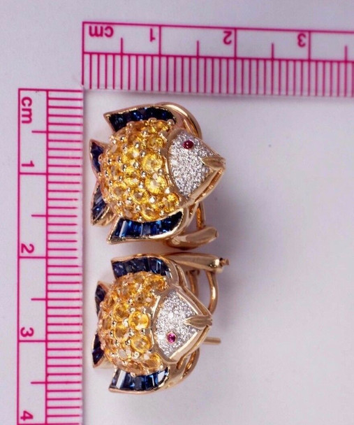 18K Yellow Gold Fish Design Earrings with Diamonds, Yellow, Blue & Red Sapphires
