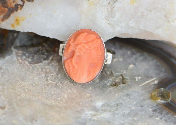 14K White Gold Orange Red Coral cameo Ring Circa 1930, Size 6.75