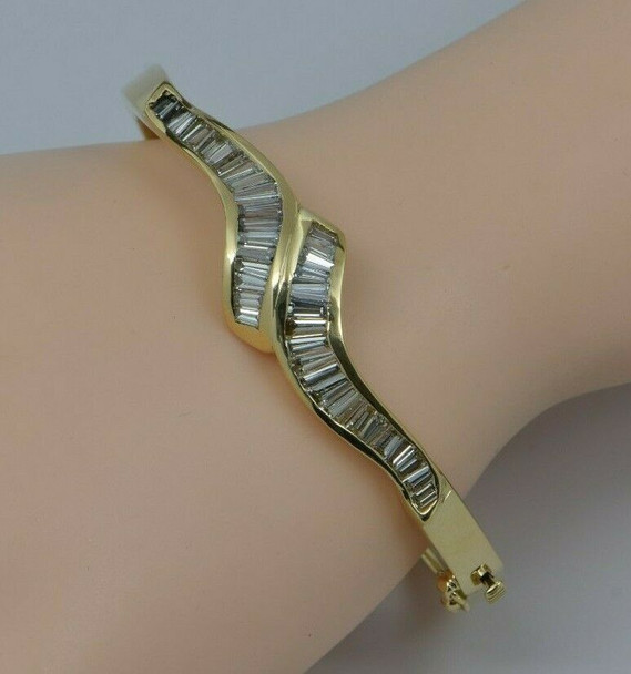 Super 18K YG Diamond Baguette Hinged Bangle Bracelet 5ct tw Circa 1970