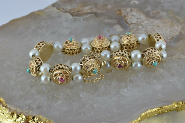 Vintage 14K Yellow Gold Pearl Ruby Turquoise Bracelet 6.75" Length Circa 1950