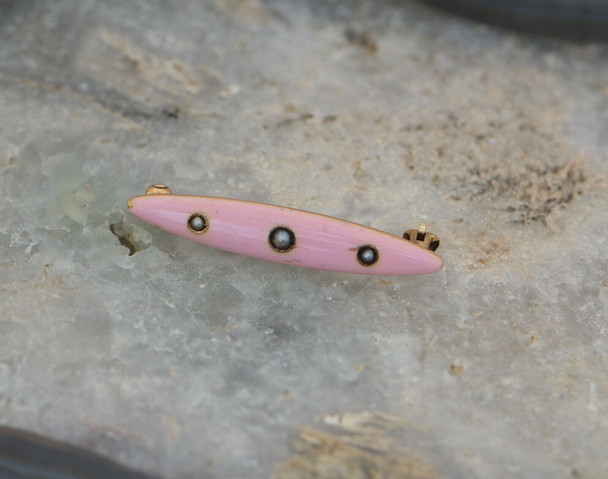 Vintage 14K Yellow Gold Pink Enamel & Pearl Bar Pin, Circa 1920