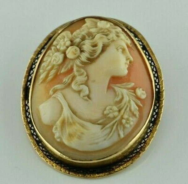 Vintage 14K Yellow Gold Portrait Cameo Pin Filigree Set Circa 1940