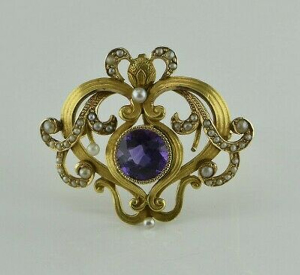 Superb Antique 14K YG Art Nouveau Amethyst Pin Watch Clip Pendant Circa 1900