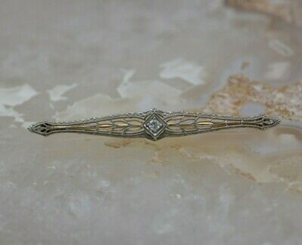 Vintage 14K Yellow Gold and Platinum Diamond Filigree Art Deco Pin Circa 1930