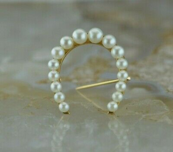 Vintage 14K Yellow Gold White Pearl Set Horseshoe Pin Circa 1950