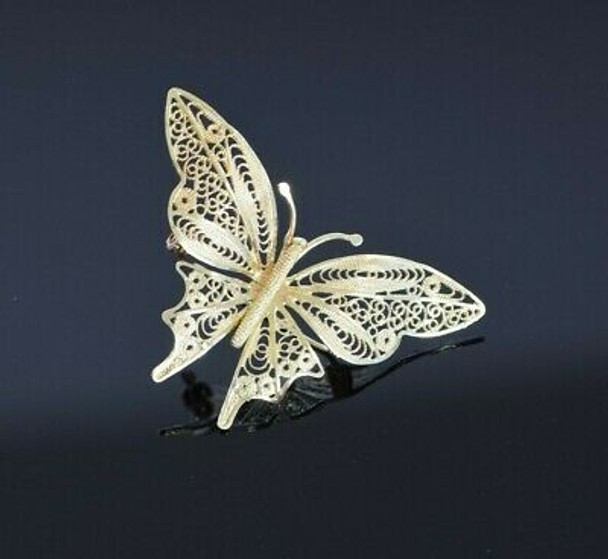 14K Yellow Gold Filigree Butterfly Pin Circa 1980 - Colonial Trading Company