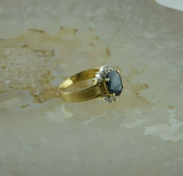 Vintage 14K YG Large Oval Sapphire w/ Diamond Accent Ring Size 7 Circa 1960