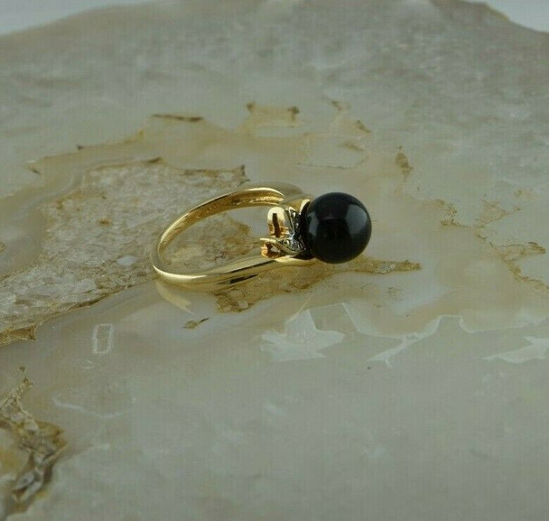 14K Yellow Gold Black Coral with Diamond Accent Ring Size 6 Circa 1987