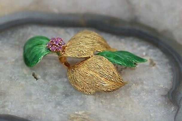 18K Yellow Gold Ruby and Enamel Floral Pin, Circa 1950