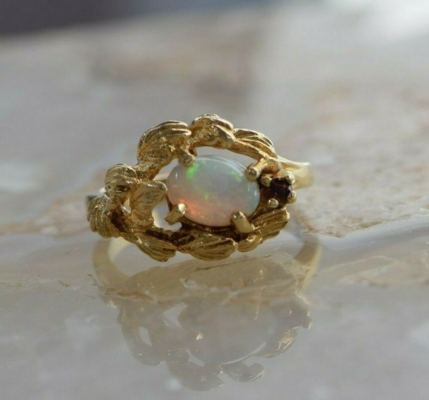 14K Yellow Gold Opal and Garnet Brutalist Floral Ring Size 6.25 Circa 1965