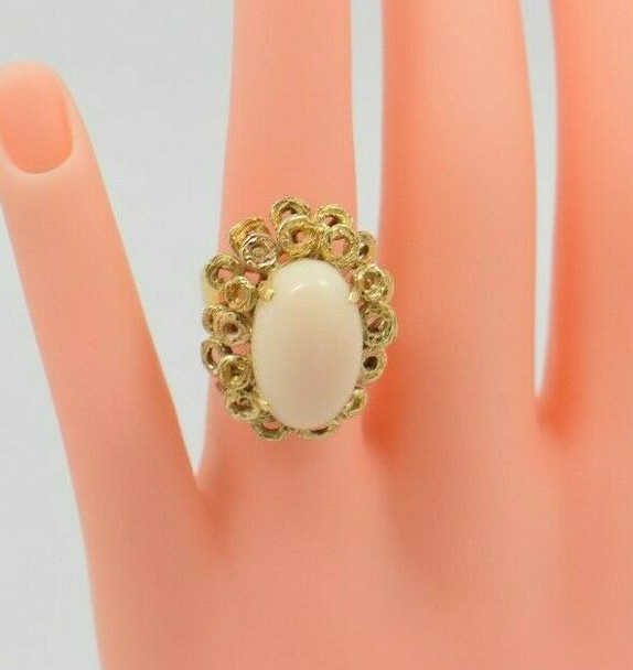 14K YG Angel Skin Coral Modernist Ring Circa 1960 Size 4.5