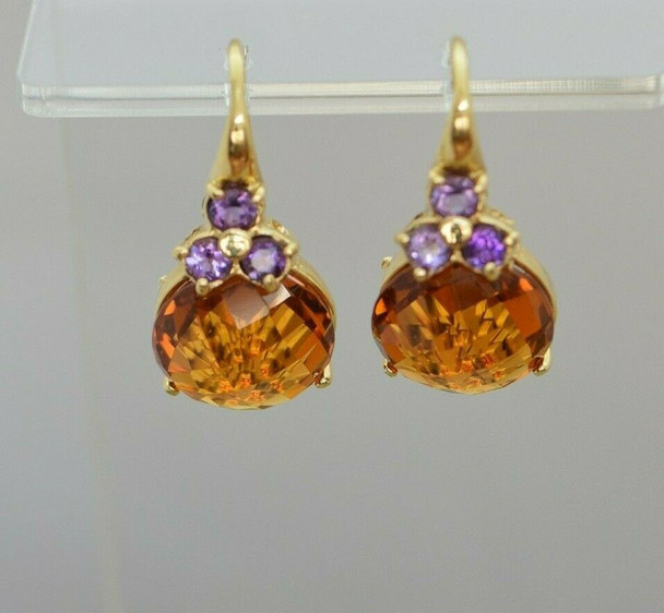 18K YG Orange Citrine and Amethyst Earrings Italian Made Circa 1990 (Returned)