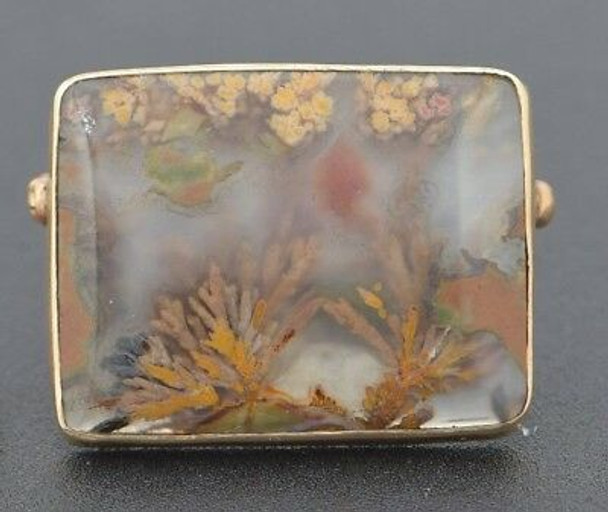 14K Yellow Gold Picture Landscape of Flowers Agate Pin , circa 1940