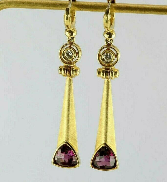 18K Yellow Gold Exquisite Diamond & Tourmaline Ear Pendants Circa 1990