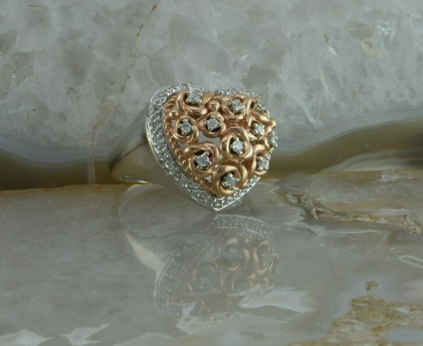 14K White and Pink Gold Heart Shaped Diamond Halo Ring Size 6.5 Circa 1990