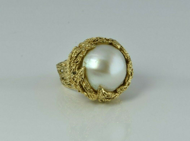 14K Yellow Gold Mave Pearl Brutalist Ring Size 6.75-7 Circa 1970