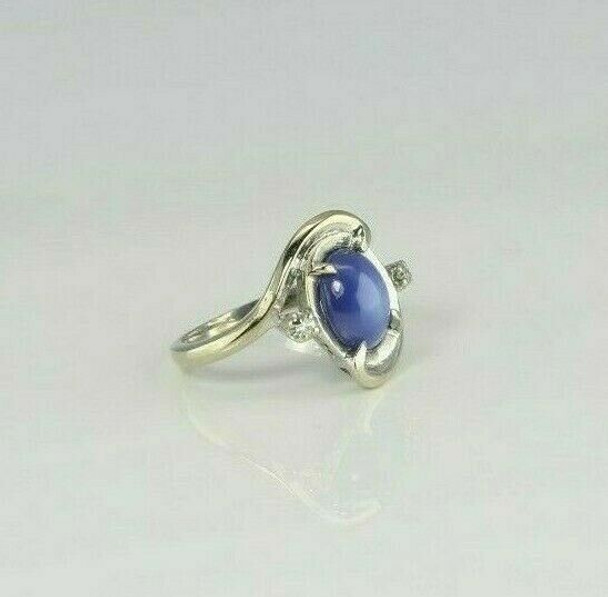 Vintage 14K WG Linde Blue Sapphire Star Ring with Diamonds Size 3.5 Circa 1960