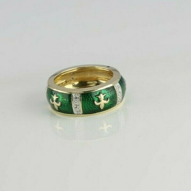 14K Yellow Gold Green Enamel Fleur De Lis Crest Ring Size 5.5 Circa 1990