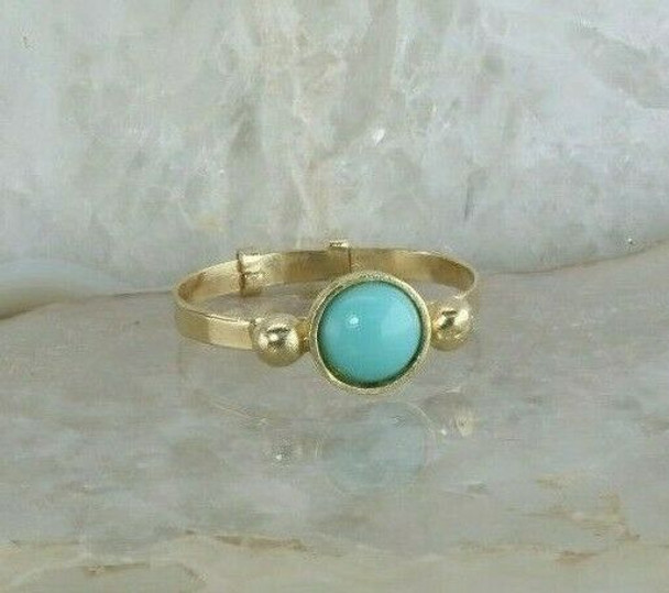 14K Yellow Gold Turquoise Adjustable Ring, 6mm Blue Turquoise Cabochon Size 5+