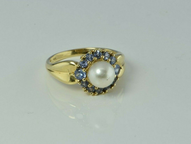 14K Yellow Gold Pearl and Tanzanite Halo Ring Size 7 Circa 1990