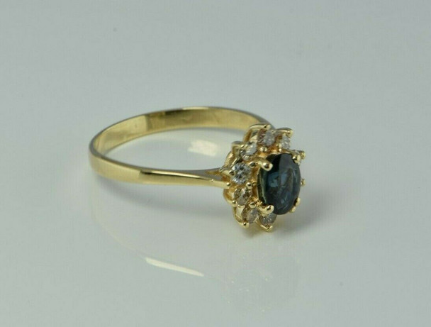 14K Yellow Gold 2 ct Blue Green Sapphire and Diamond Ring Size 10 Circa 1980