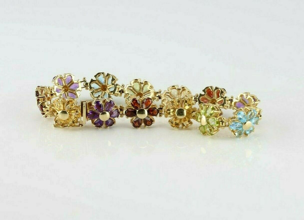 14K Yellow Gold Multicolor Stone Floral Bracelet 7.25 Inches Circa 1970