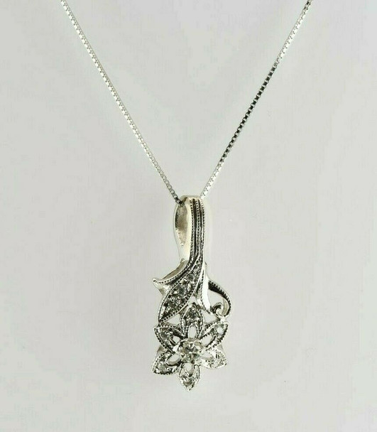 14K White Gold Round Diamond Pendant with Chain Circa 1990