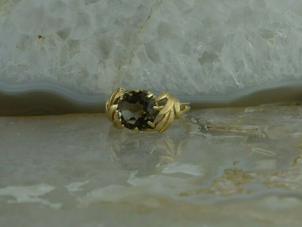 Vintage 10K Yellow Gold Round Smoky Quartz Floral Bypass Ring Size 7 Circa 1960