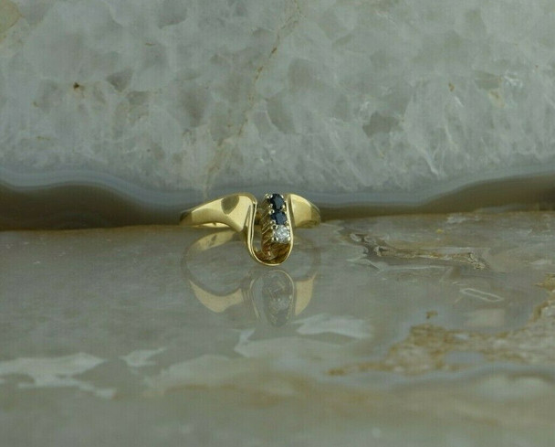 14K Yellow Gold Modernist Diamond and Sapphire Ring Size 6.5 Circa 1970