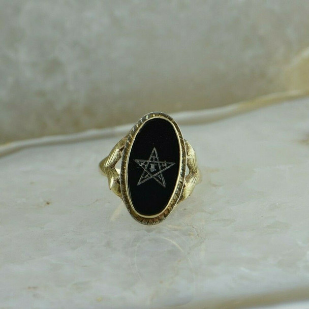 10K Yellow Gold Masonic Eastern Star Black Onyx Ring Size 7.5 Circa 1950