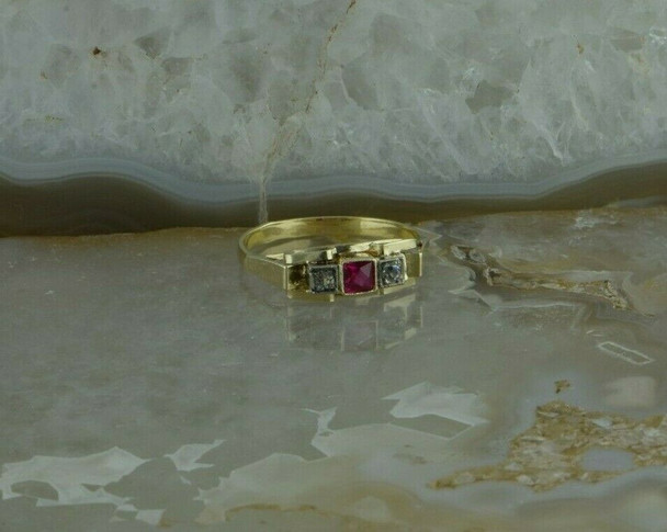 14K Yellow and White Gold European Art Deco Ruby Spinel and Crystal Ring Size 8.