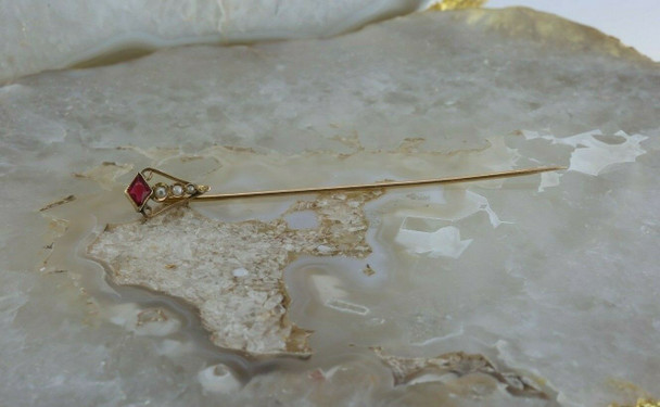 Antique 10K Yellow Gold Ruby Spinel and Pearl Stick Pin Circa 1930