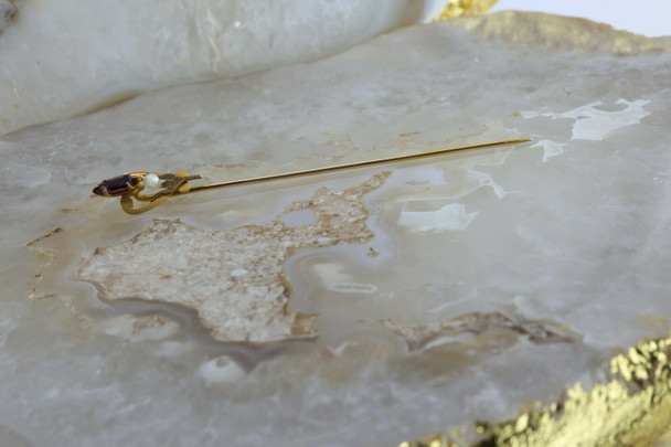 Vintage 14K Yellow Gold Amethyst and Pearl Stick Pin Circa 1940