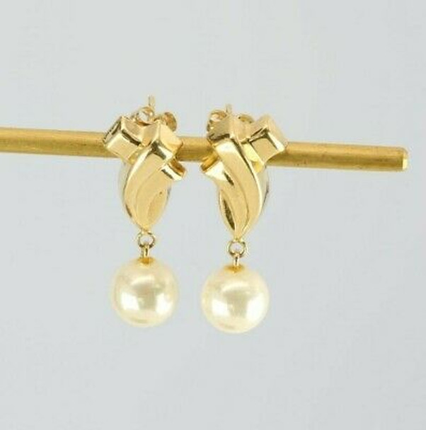 14K Yellow Gold Faux Pearl Drop Studs Circa 1990