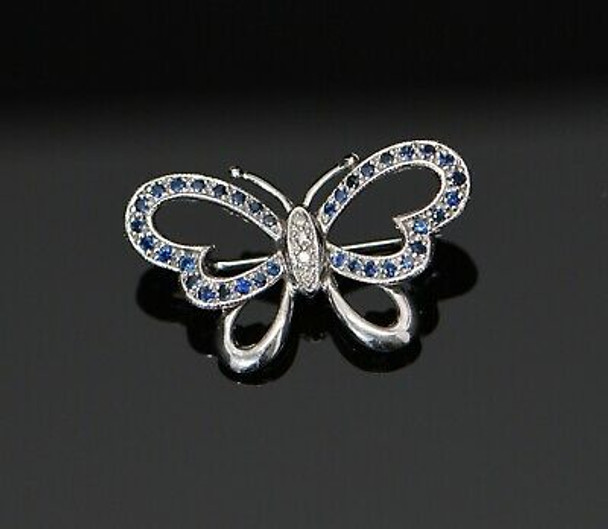 14K White Gold Diamond and Sapphire Butterfly Pin, Circa 1960