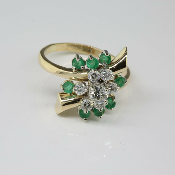 Vintage 14K Yellow Gold Emerald and Diamond Cluster Cocktail Ring Size 10 Circa