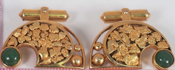 10K Yellow Gold Cufflinks with Natural Gold and Jade, Circa 1940
