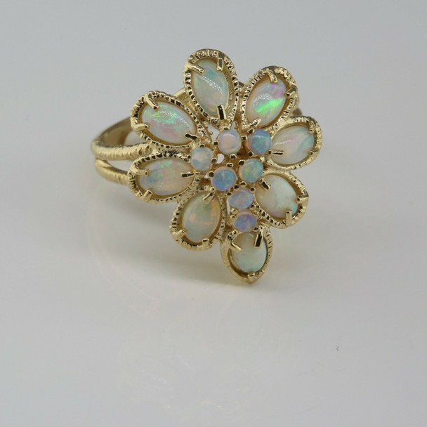 14K Yellow Gold Opal Flower Ring Fine Crystal Opals Size 6.75 Circa 1970