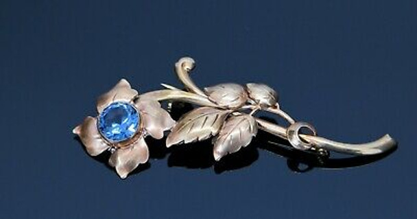 14K Yellow/Rose Gold Flower Brooch with Blue Zircon, Circa 1940